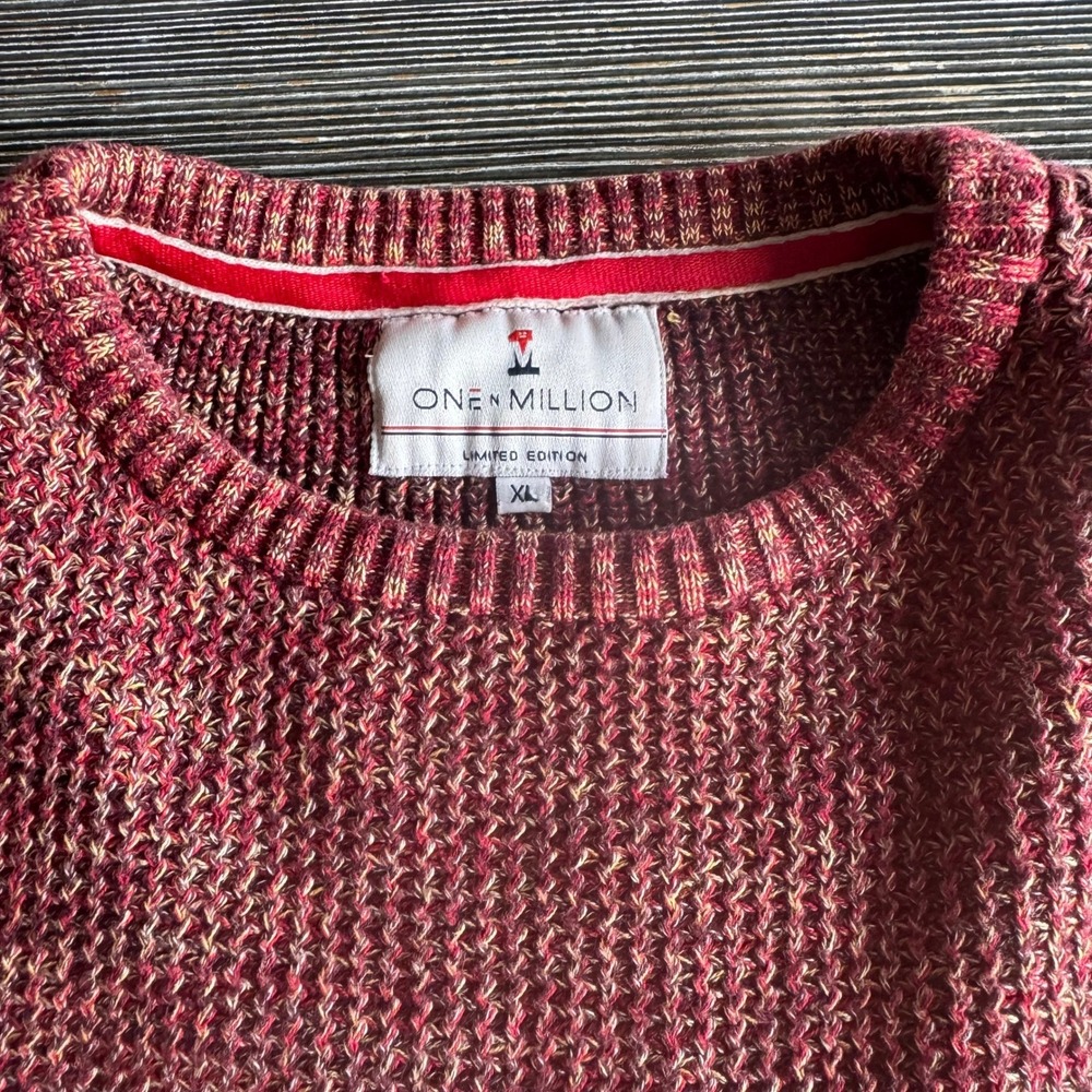 One N Million Sweater Mens XL Red Marled Knit Limited Edition Crew Neck Pullover
